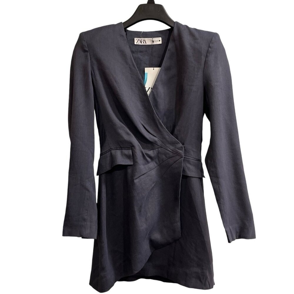 Zara Blazer Women XS Blue Linen Blend Long Structured Asymmetrical Preppy Office